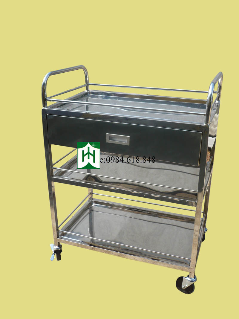 Xe đẩy tiêm 3 tầng có ngăn kéo inox, model:XI 413